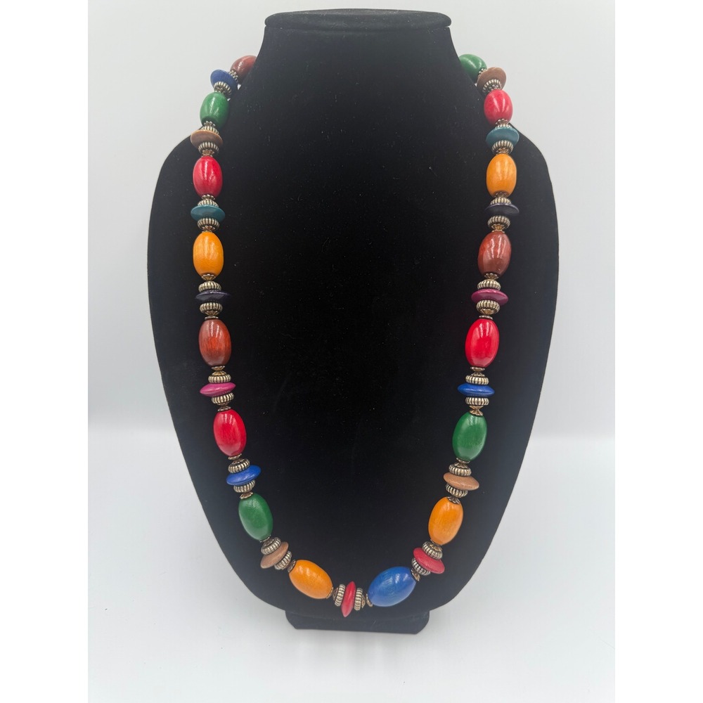 Vintage Multi Color Wood Bead Necklace Boho Eclectic Colorful Statement Jewelry